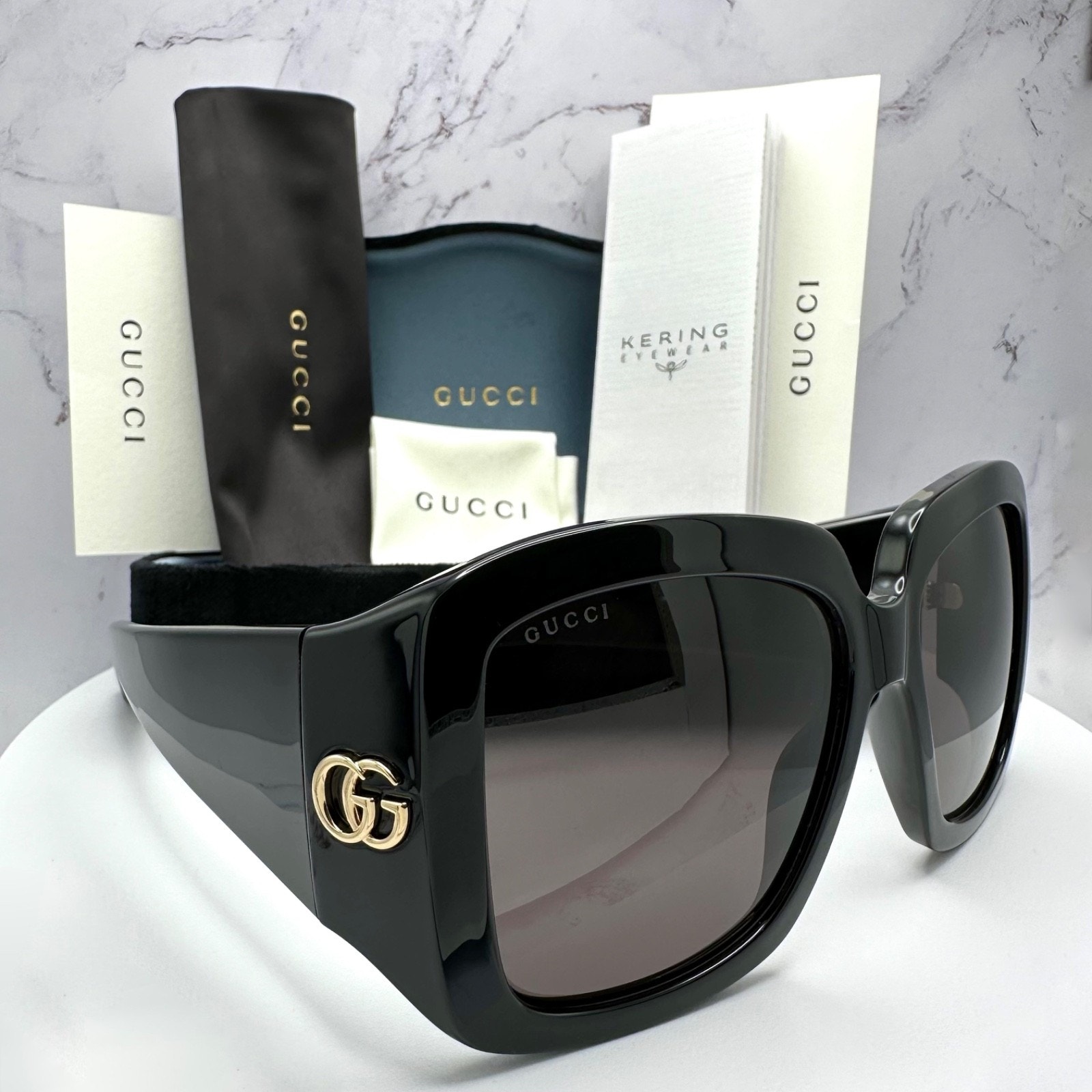 New Gucci Sunglasses Wrap Square Black Gold Metal Gg 55-16-130mm Authentic Gucci